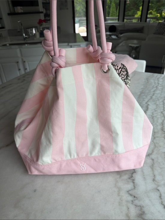 Victoria's Secret Handbags - Victoria's Secret Pink & White Striped Canvas Drawstring Tote